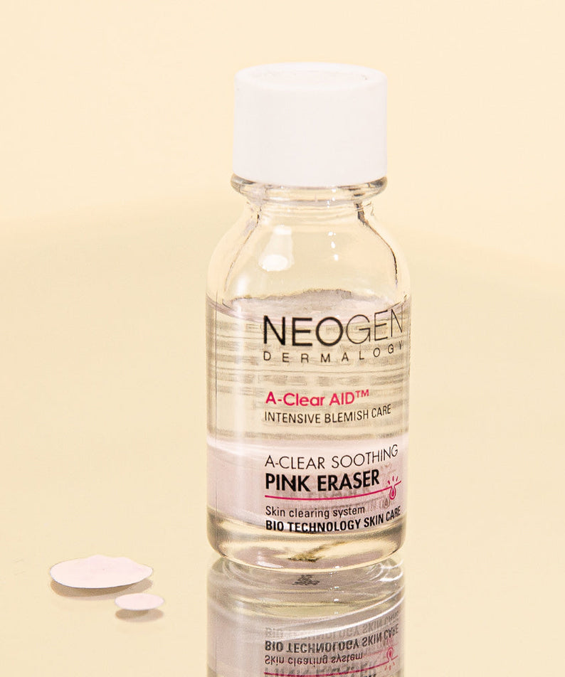 NEOGEN A Clear Soothing Pink Eraser 15ml bottle on display, highlighting its intensive blemish care features for skincare.