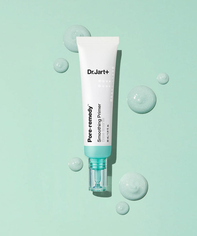 Image of DR. JART+ Pore Remedy Soothing Primer bottle on a light green background with bubbles.