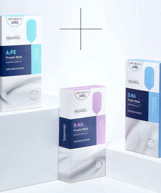 MEDIHEAL Proatin Mask packaging showcasing A:PE, R:NA, and D:NA Proatin Mask variants in a promotional setting.