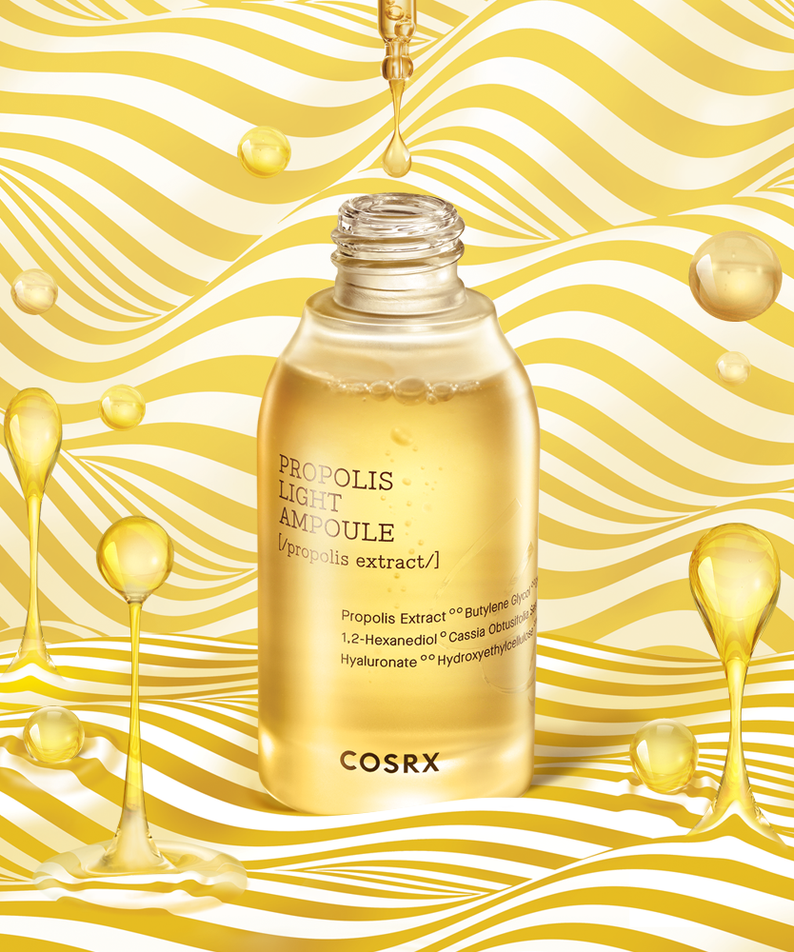 COSRX Full Fit Propolis Light Ampoule 30ml with 83% black bee propolis extract for soothing, hydrating, and anti-inflammatory skincare benefits.