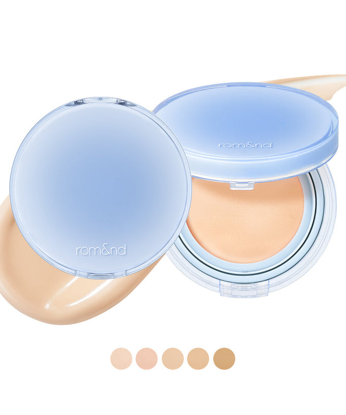 ROMAND bare water cushion compact with shades, displaying lightweight foundation options.