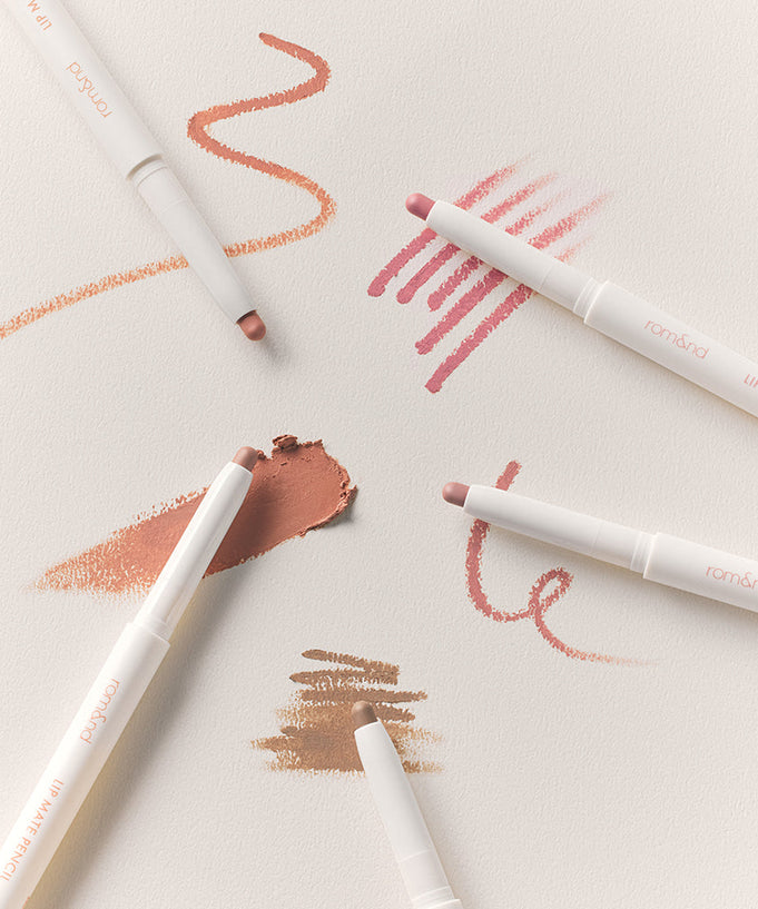 ROMAND lip mate pencil #beovershade displayed with vibrant swatches on a white background.