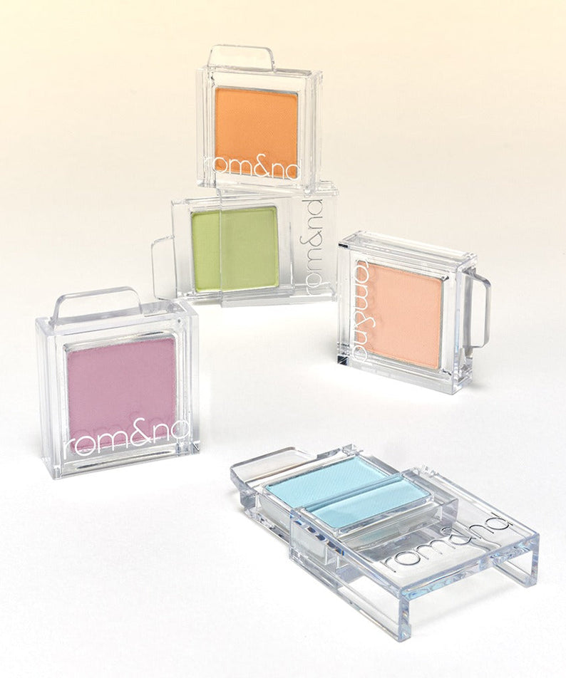 ROMAND Slide In Single eyeshadows in various colors showcasing compact packaging.
