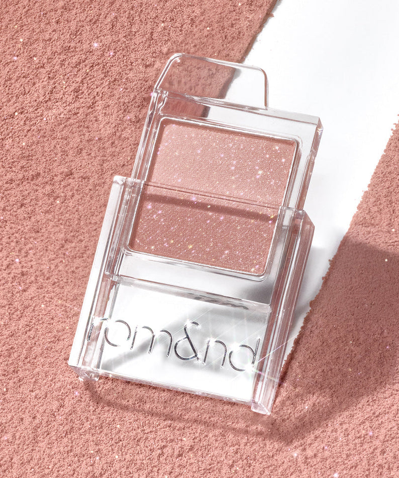 ROMAND Slide In Single #mattepearl eyeshadow compact with sparkling matte pink shade on textured background.