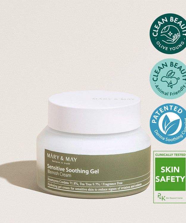 MARY & MAY Sensitive Soothing Gel Blemish Cream 70g with clean beauty and skin safety certifications.