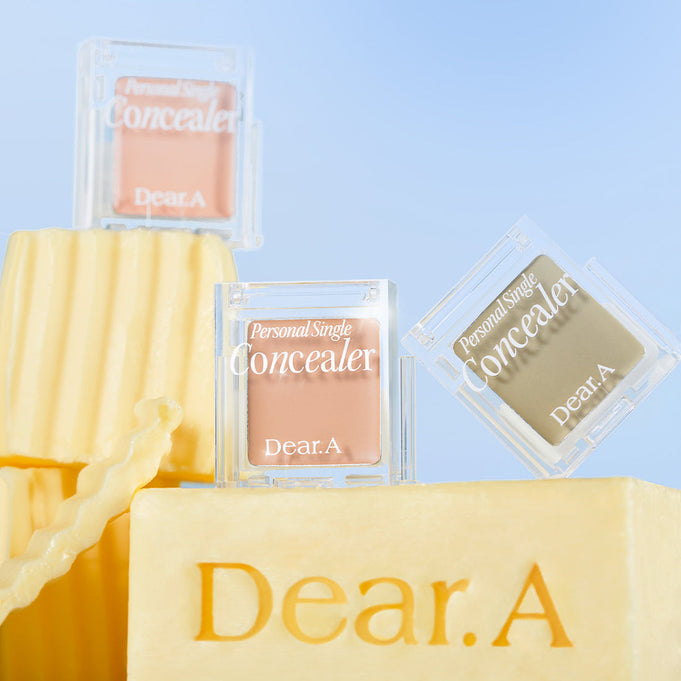 DEAR.A Single Concealer 10 Colors in various shades displayed on decorative background