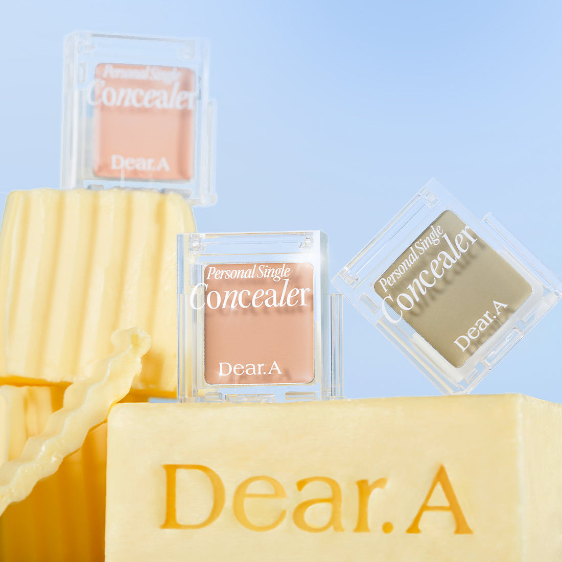 DEAR.A Single Concealer 10 Colors in various shades displayed on decorative background