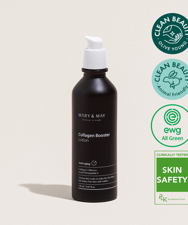 MARY & MAY Collagen Booster Lotion 120ml bottle with eco-friendly certifications and skin safety labels on a light background.