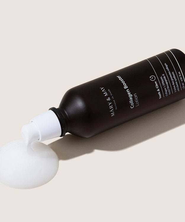 MARY & MAY Collagen Booster Lotion 120ml bottle with lotion spilling out, showcasing packaging and texture.