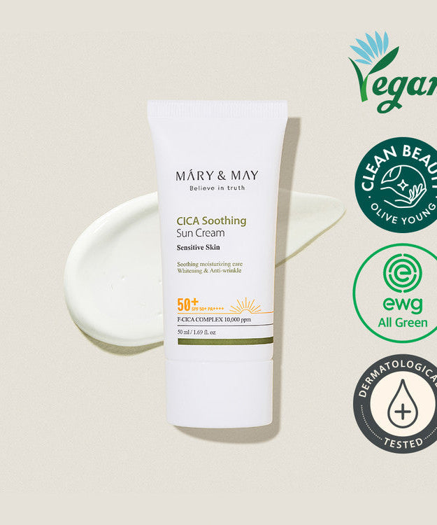 MARY & MAY Cica Soothing Sun Cream SPF 50+ 50ml tube with vegan, clean beauty, and dermatologically tested labels.