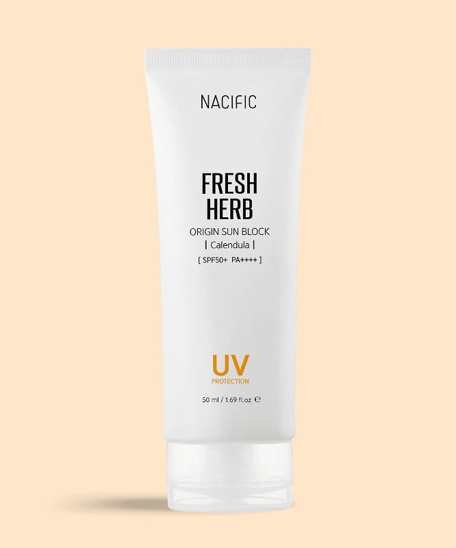 NACIFIC Fresh Herb Origin Sun Block 50ml tube against a light background, highlighting UV protection and natural skincare benefits.