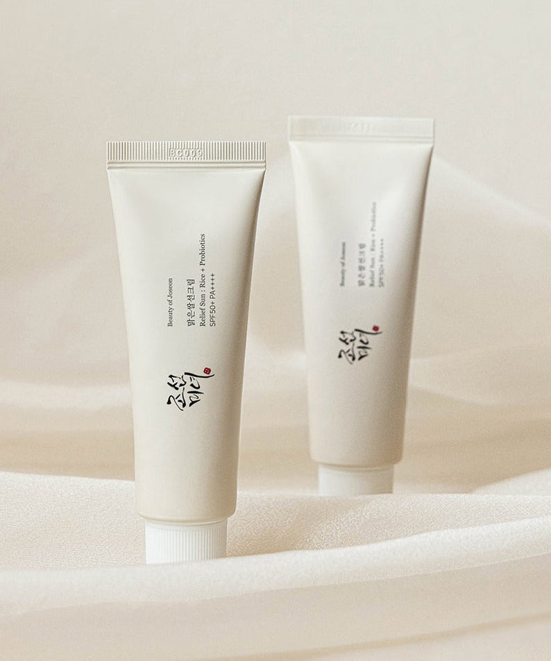 BEAUTY OF JOSEON Clear Rice Sun Cream Double Special set 50ml x2 on a soft fabric background.
