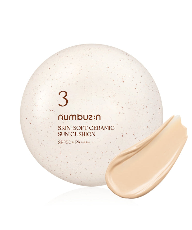 NUMBUZIN N.3 Skin-Soft Ceramic Sun Cushion SPF50+ with beige cream swatch