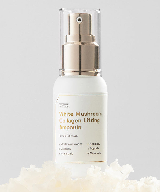 SUNGBOON EDITOR White Mushroom Collagen Lifting Ampoule 30ml skincare bottle with natural ingredients