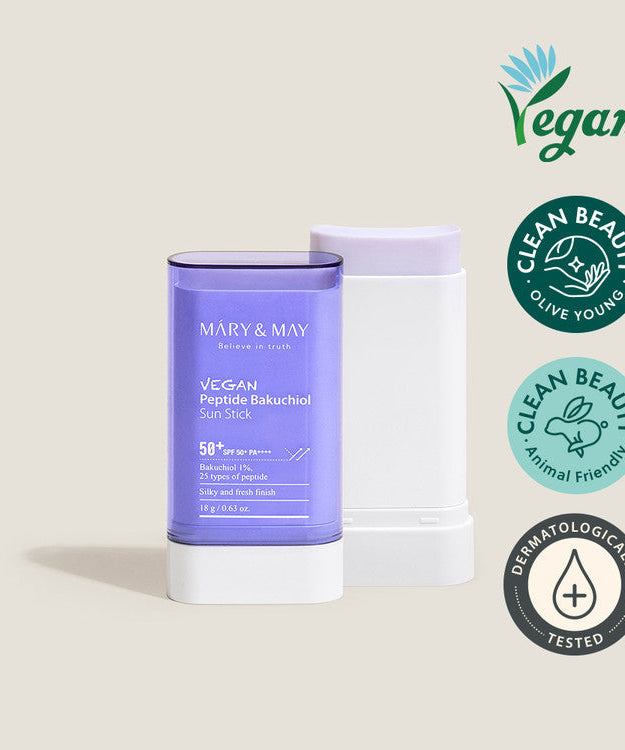 MARY & MAY Vegan Peptide Bakuchiol Sun Stick with clean beauty certifications on display.