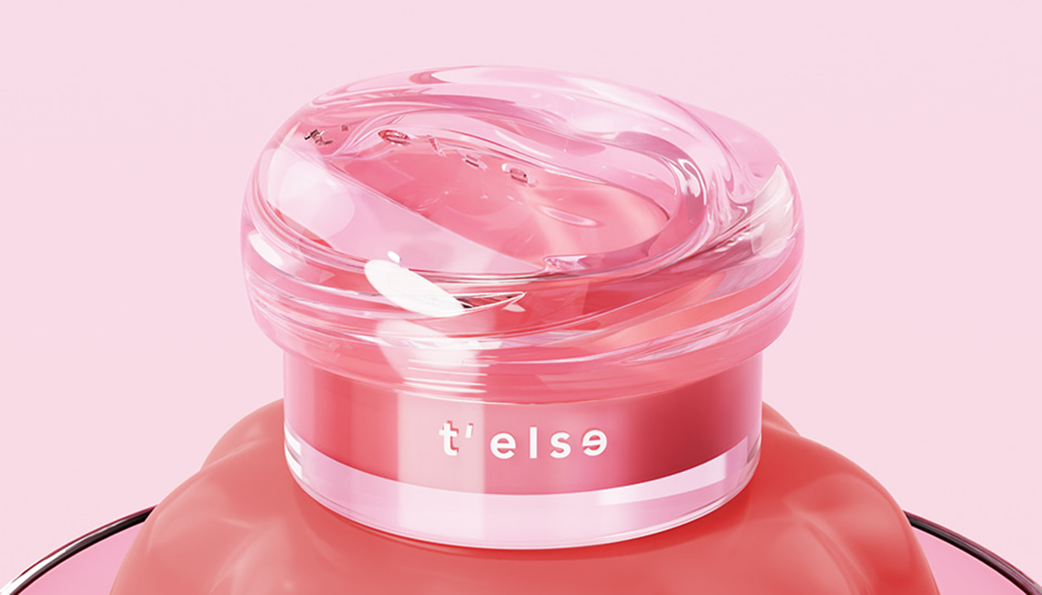 Elegant pink perfume bottle with a clear cap, featuring the brand 't'else' against a soft pink background, showcasing luxurious design.