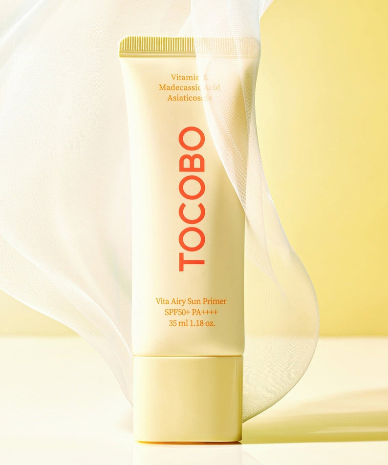 TOCOBO Vita Airy Sun Primer 35ml on a light background with fabric detail, highlighting its SPF50+ protection and airy formulation.