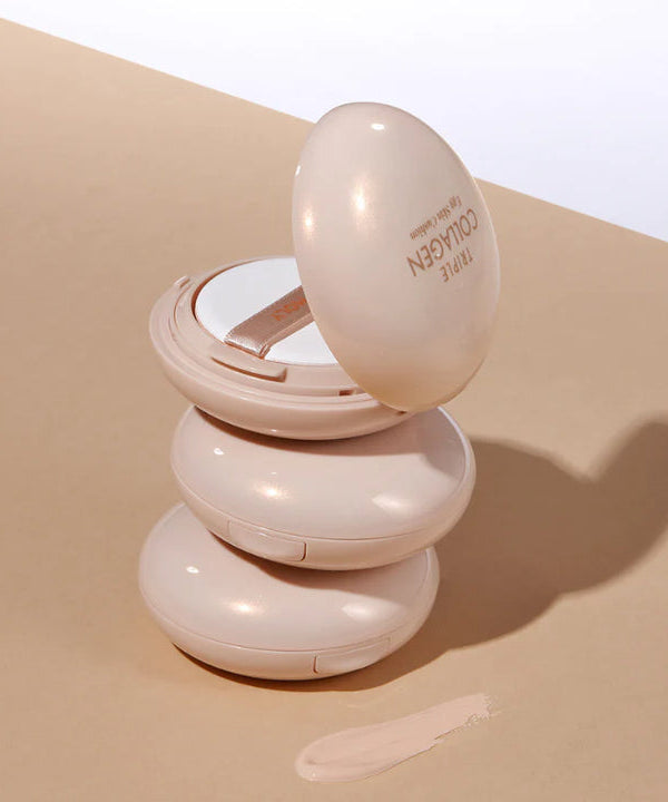 TONY MOLY Triple Collagen Egg Skin Cushion in beige, showcasing sleek compact design and moisturizing formula for flawless skin.