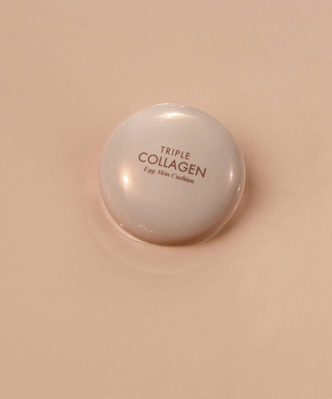 TONY MOLY Triple Collagen Egg Skin Cushion in minimalist white compact, enhancing skin with triple collagen benefits.
