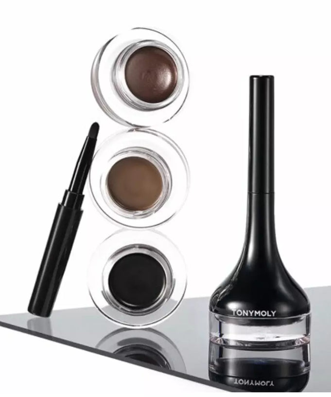 TONY MOLY Back Gel Eyeliner Z with applicator and gel pots on a reflective surface.
