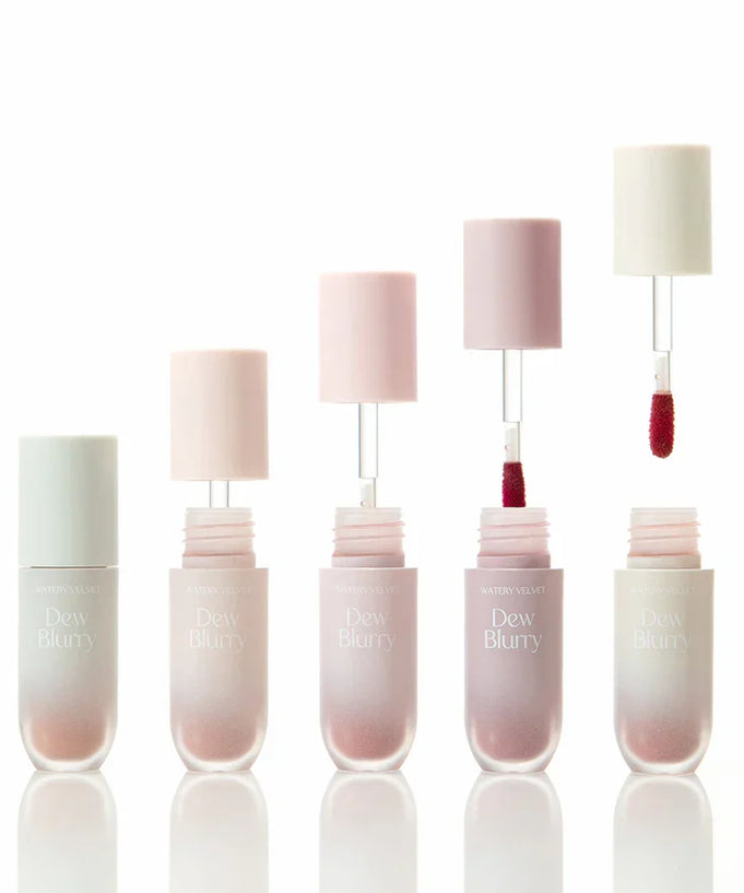 TOO COOL FOR SCHOOL Dew Blurry Tint lip product collection with applicators shown open and closed, elegant packaging on white background.