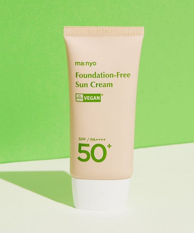 MA:NYO Vegan Foundation-Free Sun Cream SPF 50+ 50ml bottle against a green background